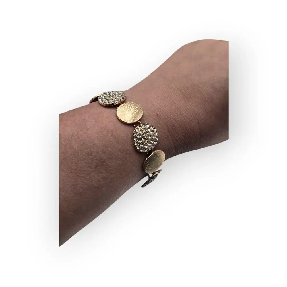 Gold Disc Bracelet with Pavé Rhinestone Stations – Textured Modern Chic
